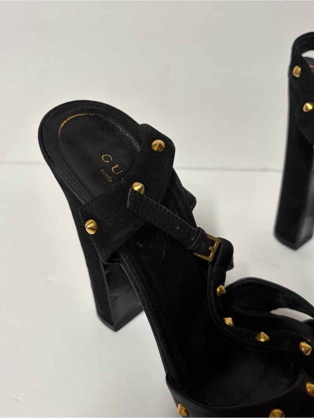 Gucci Black Leather Studded Block Heel Ankle T‑Strap Sandals - Picture 5 of 8